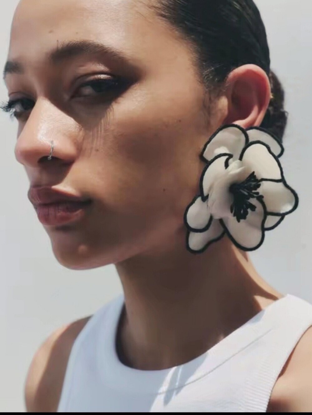 New! ZARA Ecru & Black Floral Statement Earrings | (1005) NWOT